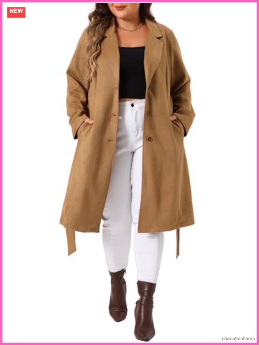 Plus Size Faux Suede Notch Lapel Winter Trench Coat with Belt